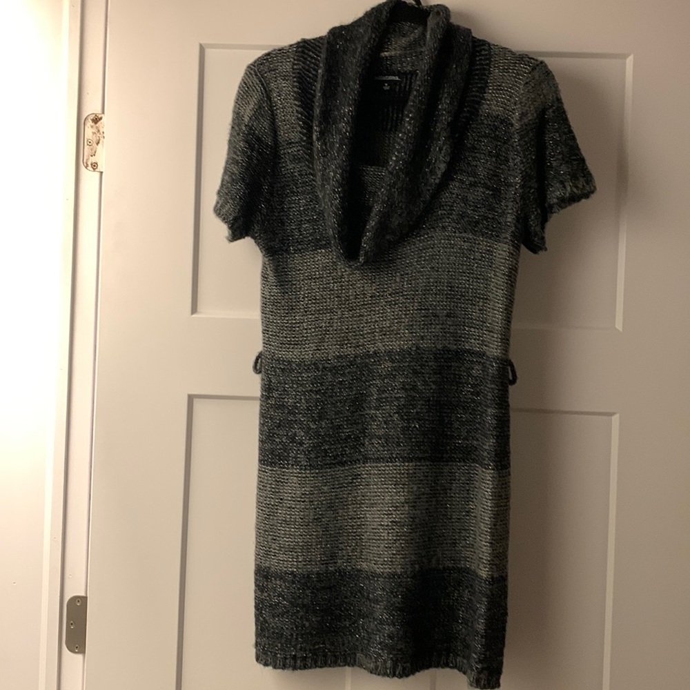 Gray & charcoal knit mini dress with silver tread adding some sparkle. Size M.